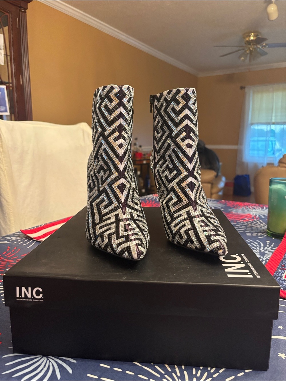 INC International Concepts Black and Silver Geometric Sequin Ankle Boots